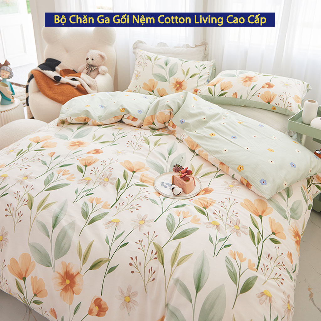 Bộ Ga Giường 5 Món Chăn Ga Gối Nệm Cotton Living ANNA NGUYÊN Cao Cấp Chuẩn Khách Sạn 5 Sao Bộ Chăn Ga Ra Drap Gối Nệm Đệm Trải Giường 4 Món Dễ Thương Cute