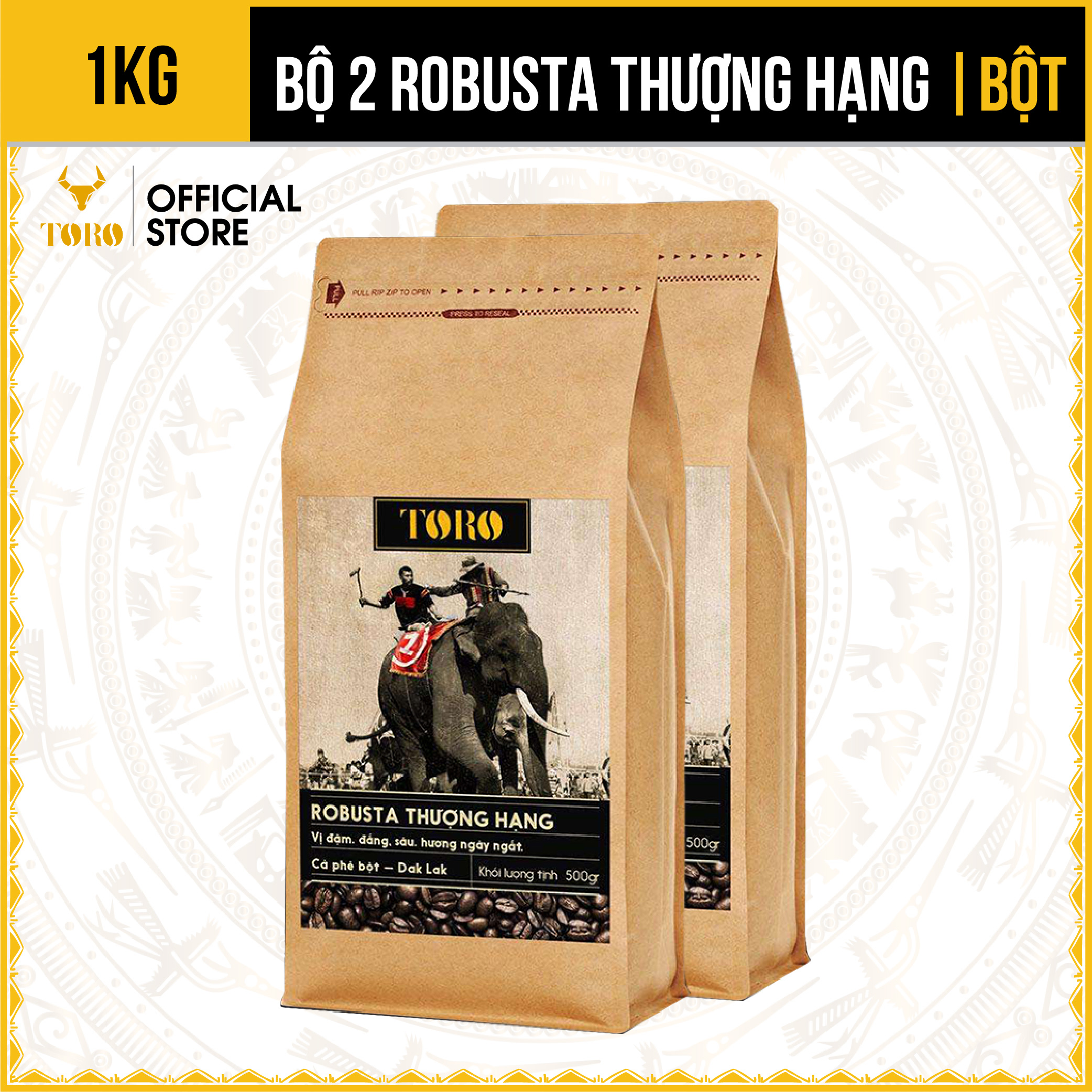 [1KG] Bộ 2 Cà Phê Bột Toro Robusta Thượng Hạng Nguyên Chất 100% | 500GR/Gói | TORO FARM