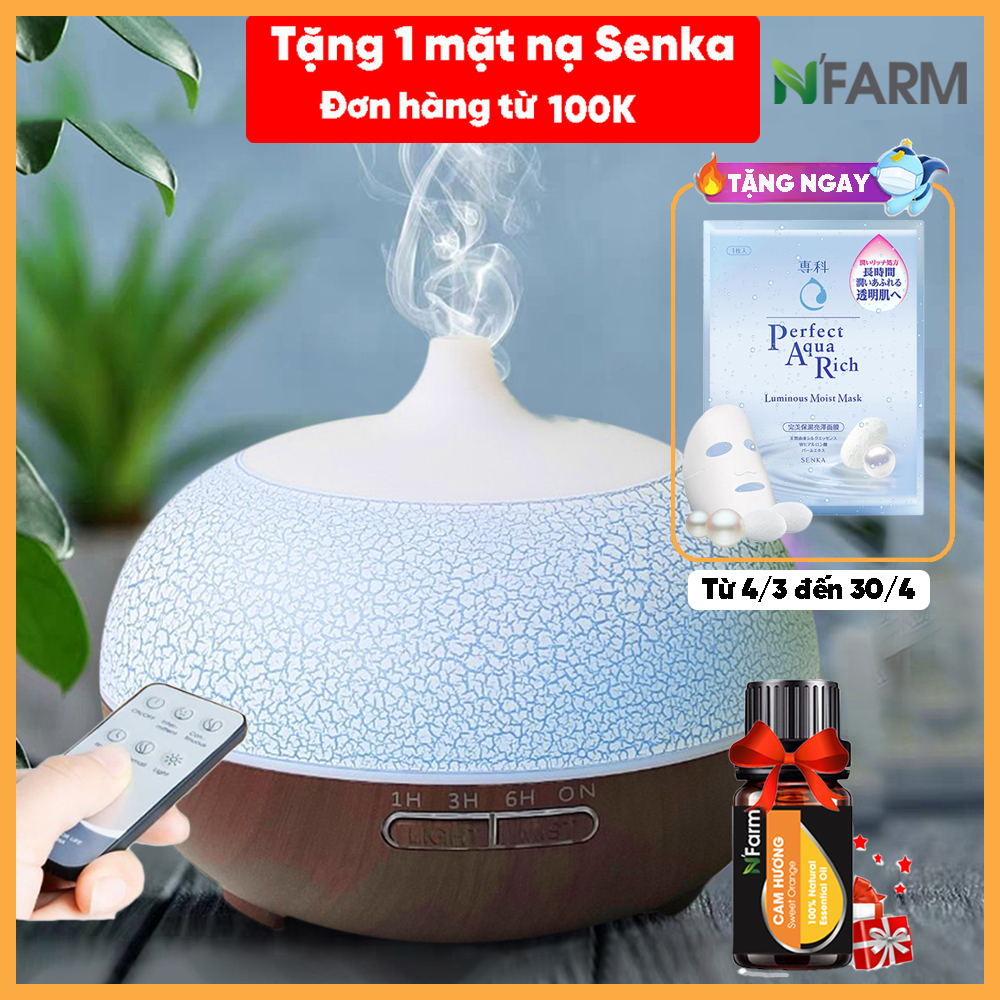 Combo máy khuếch tán, máy xông tinh dầu NFarm hình Bí Ngô + tinh dầu cam hương N'Farm (10ml)/ Phun sương sóng siêu âm/ Có remote điều khiển