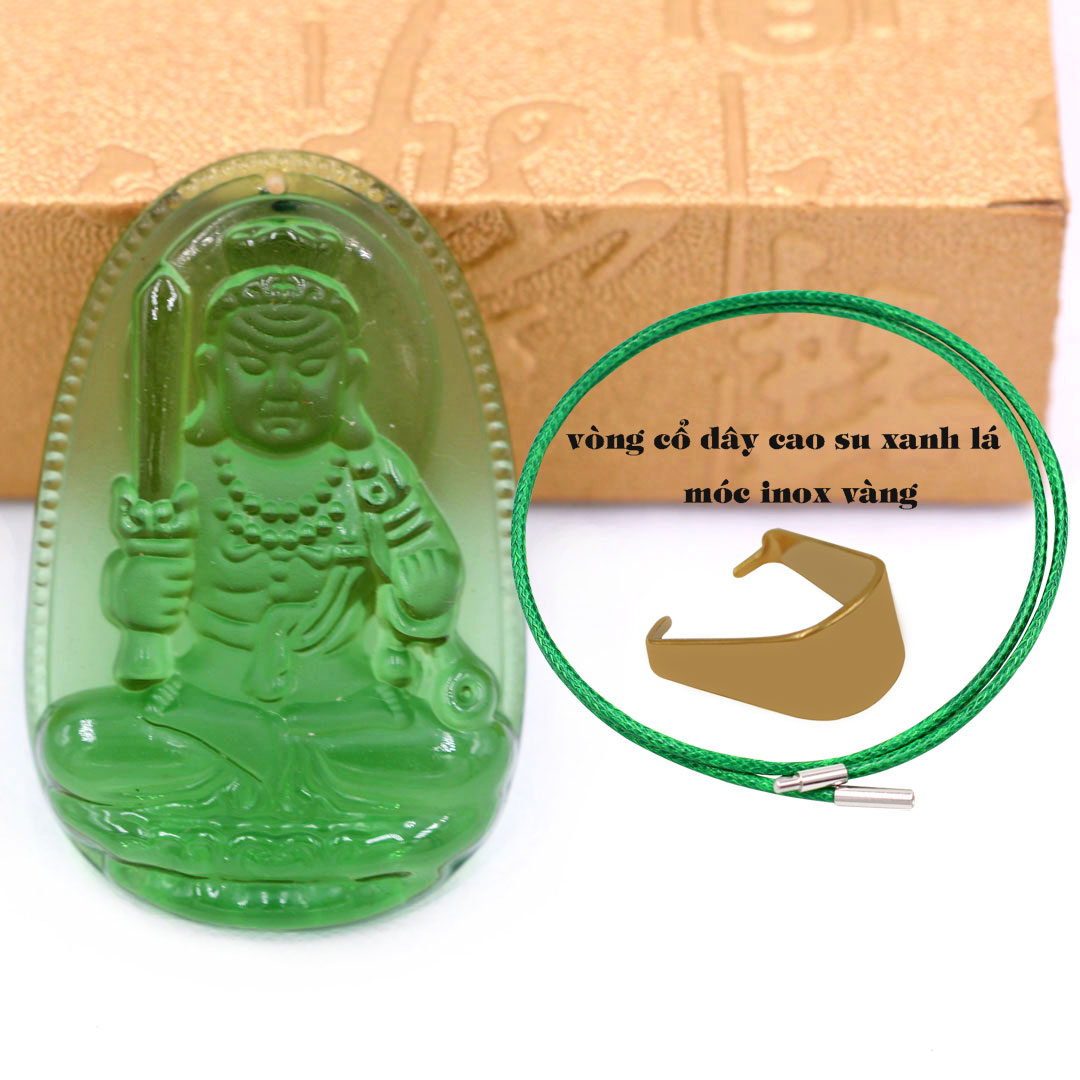 Mặt Phật Bất động minh vương thuỷ tinh xanh lá 3.6 cm kèm móc và vòng cổ dây cao su xanh lá, Mặt Phật bản mệnh