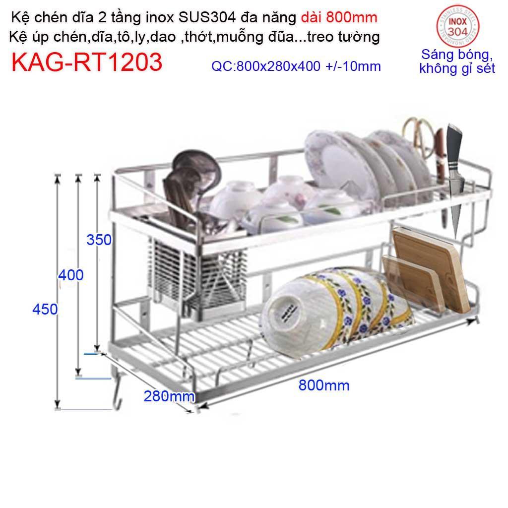 Kệ úp chén dĩa 2 tầng 80cm đa năng inox 304, kệ chén dĩa 2 tầng inox KAG-RT1203