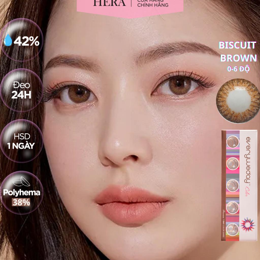 Kính Áp Tròng Hera Nâu Ánh Vàng Có Viền 0 - 6 Độ BISCUIT BROWN Nhập Khẩu Hàn Quốc Lens Cận 1 Ngày