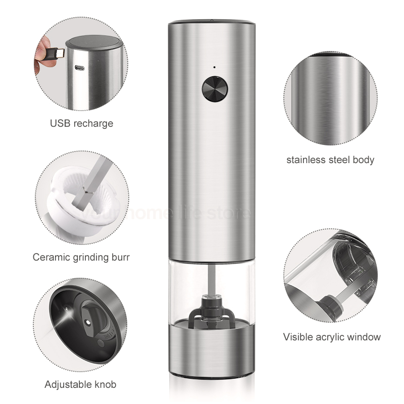 KLT Tự Động Muối Và Hạt Tiêu Máy Xay Điện, Hạt Tiêu Máy Xay Có Thể Sạc Lại Thép Không Gỉ Hạt Tiêu Nhà Máy Có Thể Điều Chỉnh Nhà Bếp Miễn Phí Bàn Chải-Hàng chính hãng