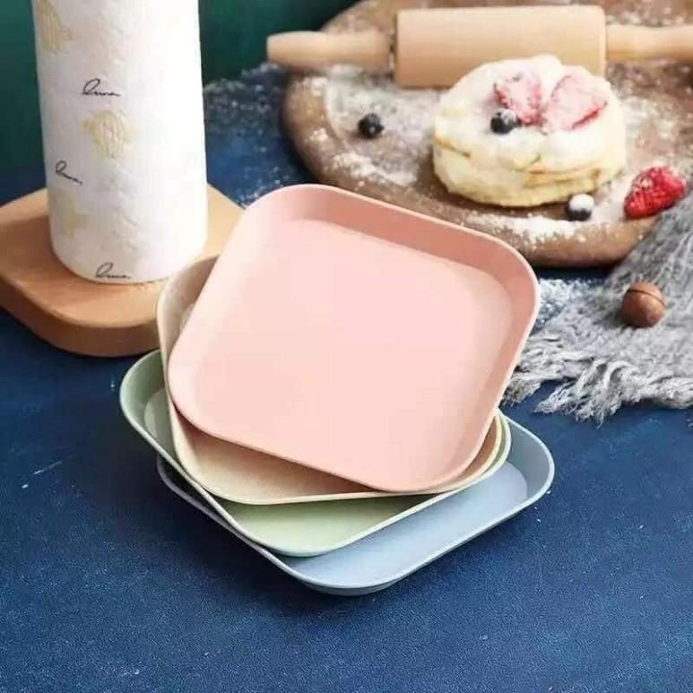 Set 8 đĩa nhựa lúa mạch vuông, đĩa đựng bánh kẹo, đĩa vuông nhỏ nhiều màu