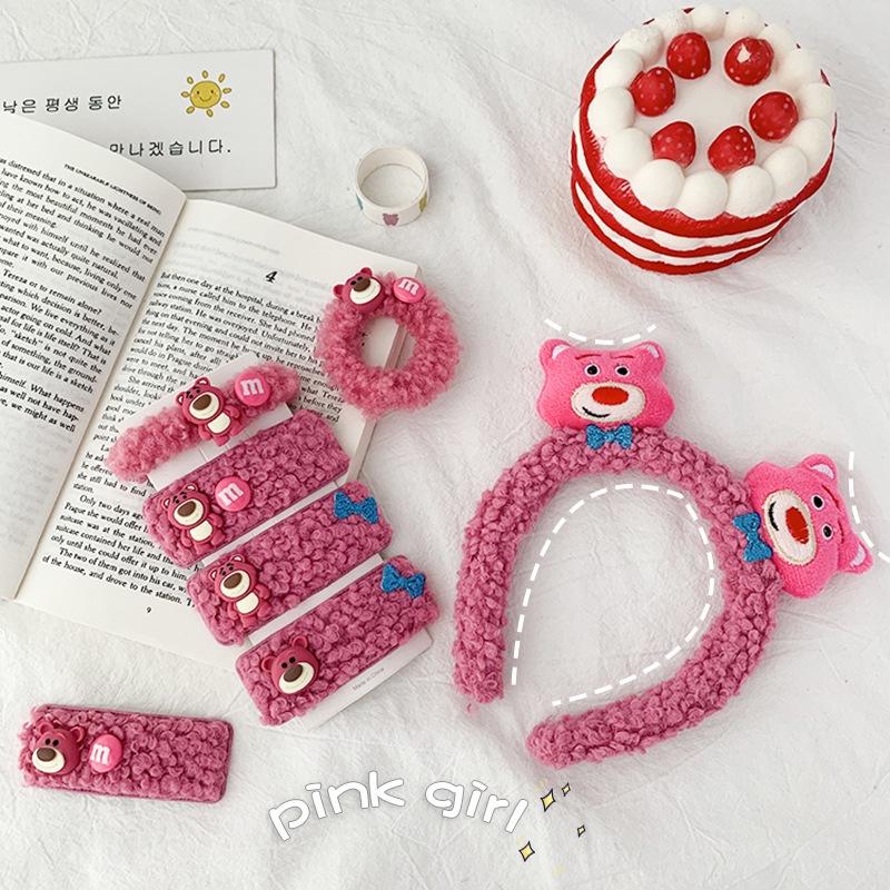 PK799 Bộ sưu tập dây cột tóc băng đô và kẹp tóc màu hồng tía, in hình gấu Teddy cute ngộ nghĩnh