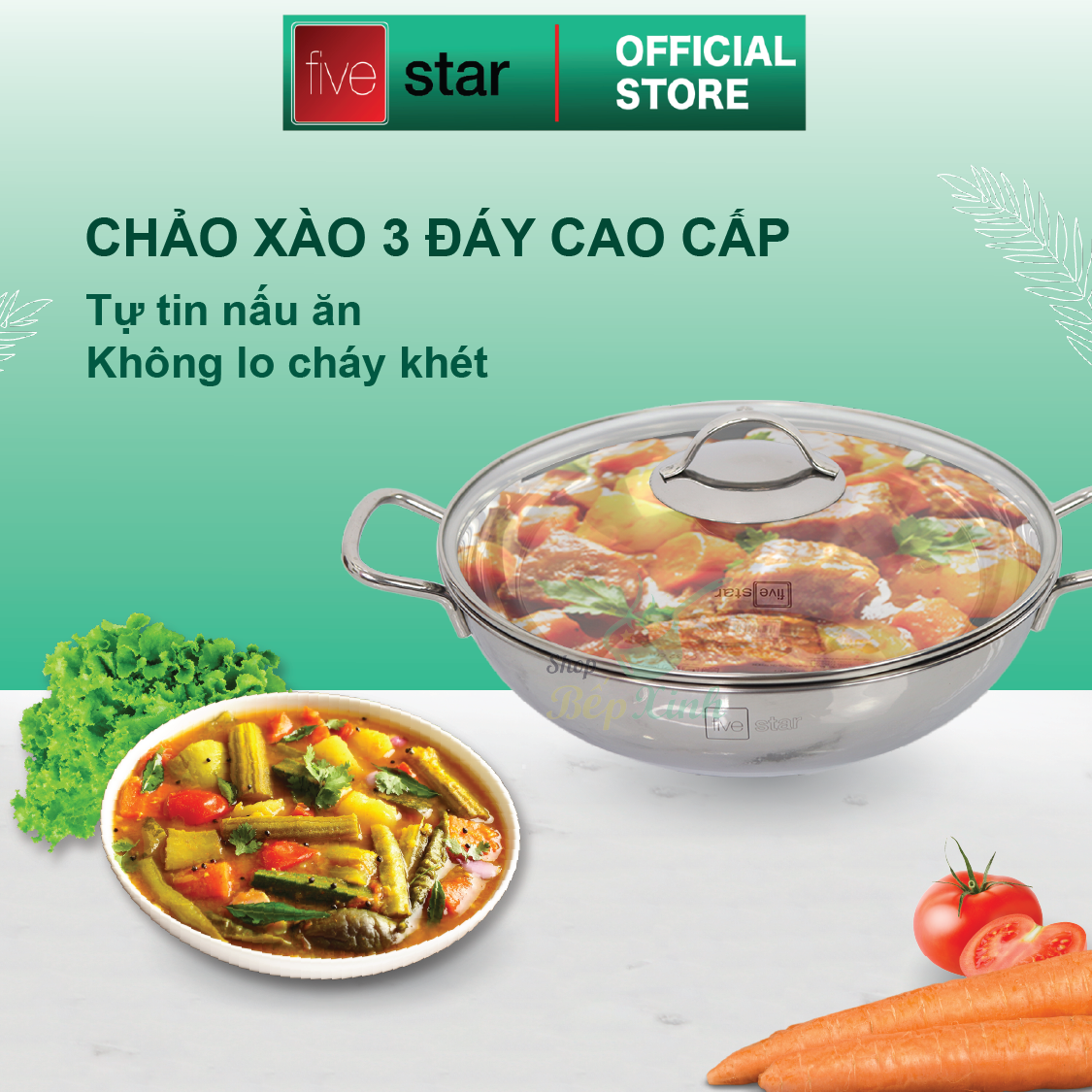 Nồi lẩu xào 3 đáy từ cao cấp Fivestar 32cm nắp kính , tặng 2 vá canh