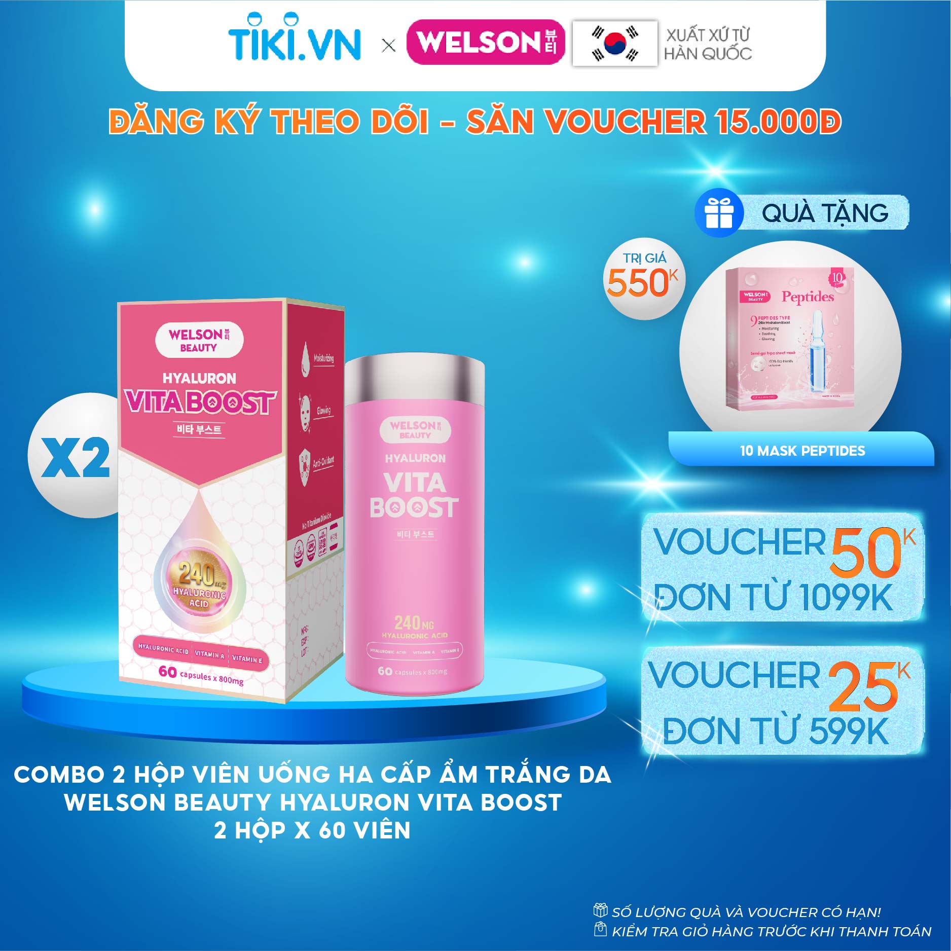 Combo 2 hộp viên uống Hyaluronic Acid cấp ẩm trắng da Welson Beauty Hyaluron Vita Boost 2 hộp x 60 viên