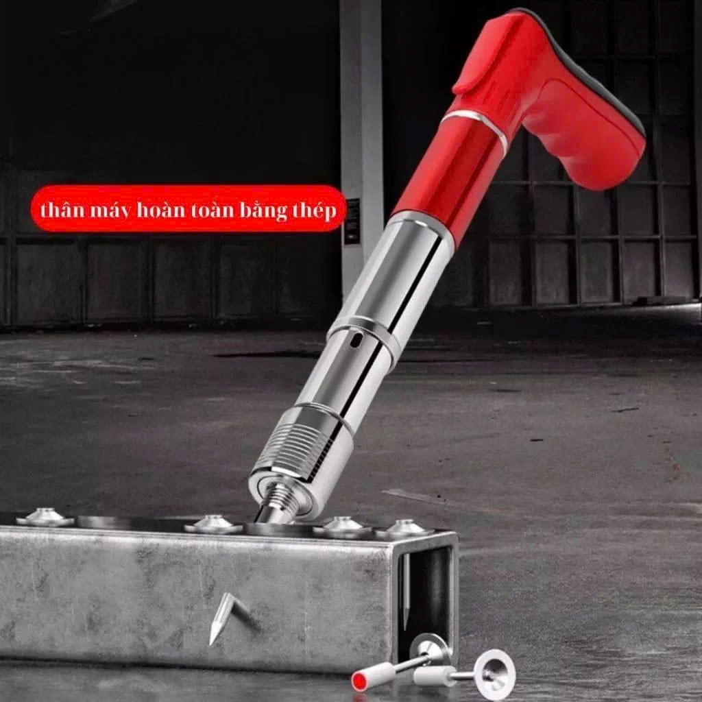 Máy Bắn Đinh Hạt Nổ Xuyên Bê Tông – Tặng 100 Đinh &amp; Hộp Phụ Kiện, Vỏ Thép Trắng Siêu Bền