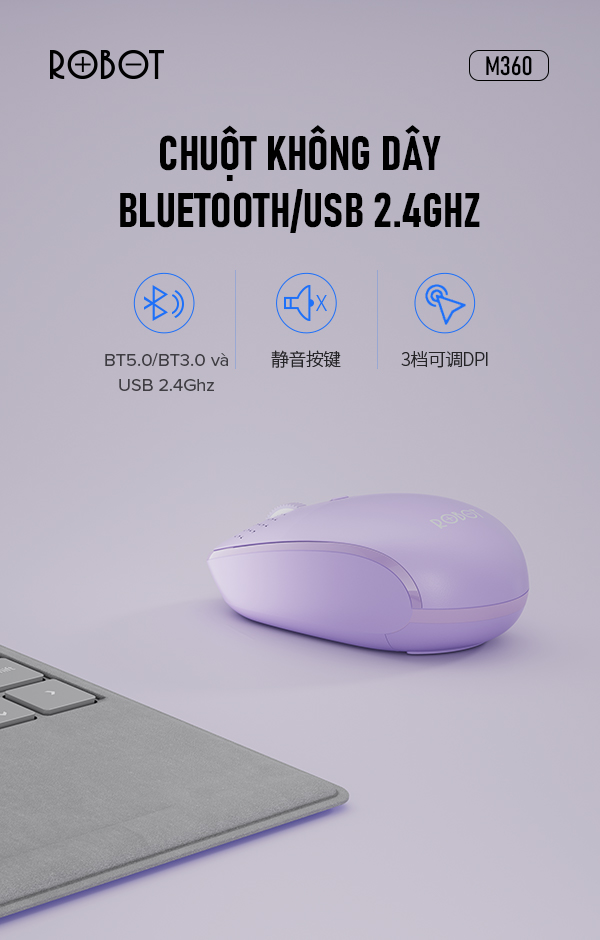 Chuột Không dây USB 2.4G &amp; Bluetooth 5.0 ROBOT M360 Kết nối chế độ kép Tĩnh Âm 1800DPI Hàng chính hãng