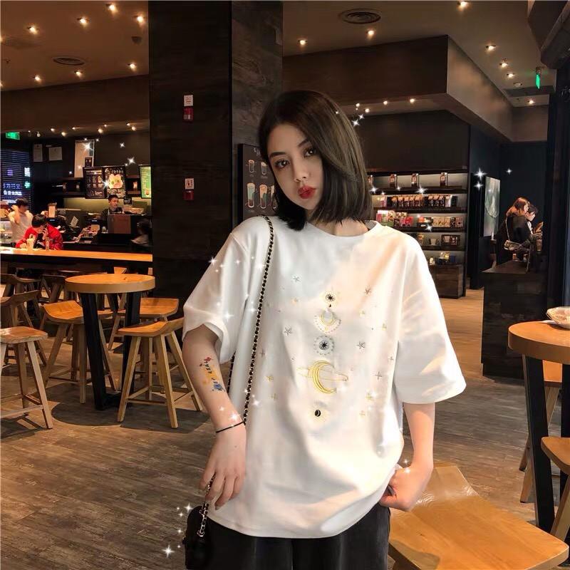 - ÁO THUN NGẮN TAY UNISEX THÊU VŨ TRỤ 3 MÀU TRẮNG - ĐEN - XANH NEON
