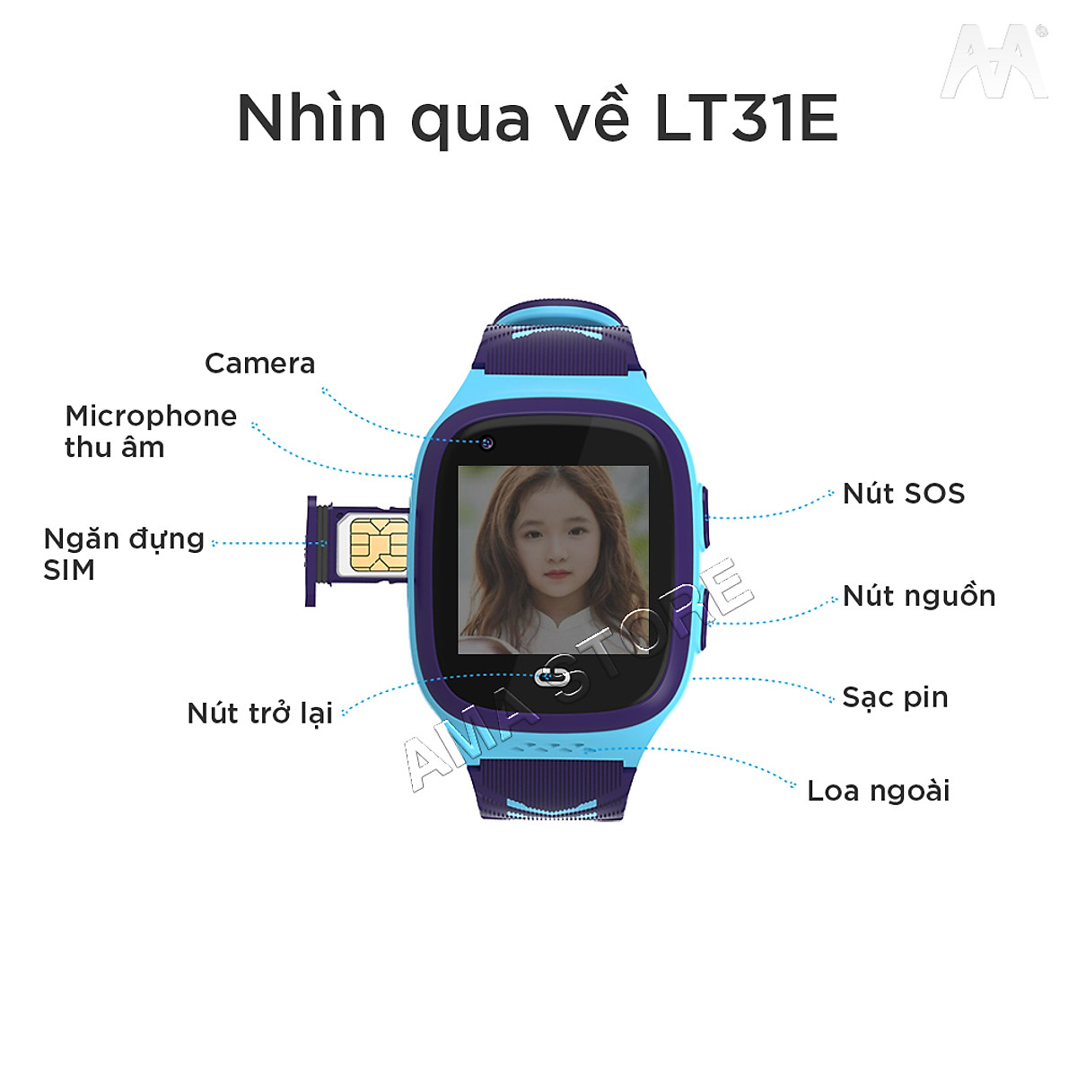 Đồng hồ Trẻ em Thông minh Lắp sim Gọi Video call Chống nước Định vị GPS Wifi AMA Watch LT31 Hàng nhập khẩu