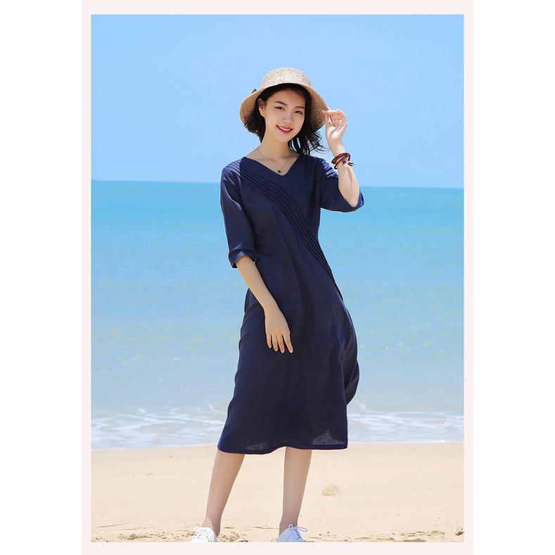 Đầm suông linen tay lỡ cổ chữ V trần trước, thời trang hè thu 2021