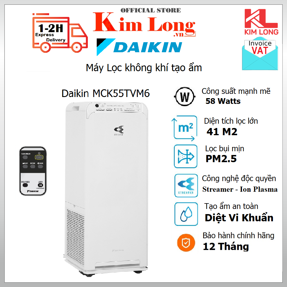 Máy Lọc không khí tạo ẩm Daikin MCK55TVM6 Diện tích 41m2 - Công nghê Streamer - Hàng chính hãng