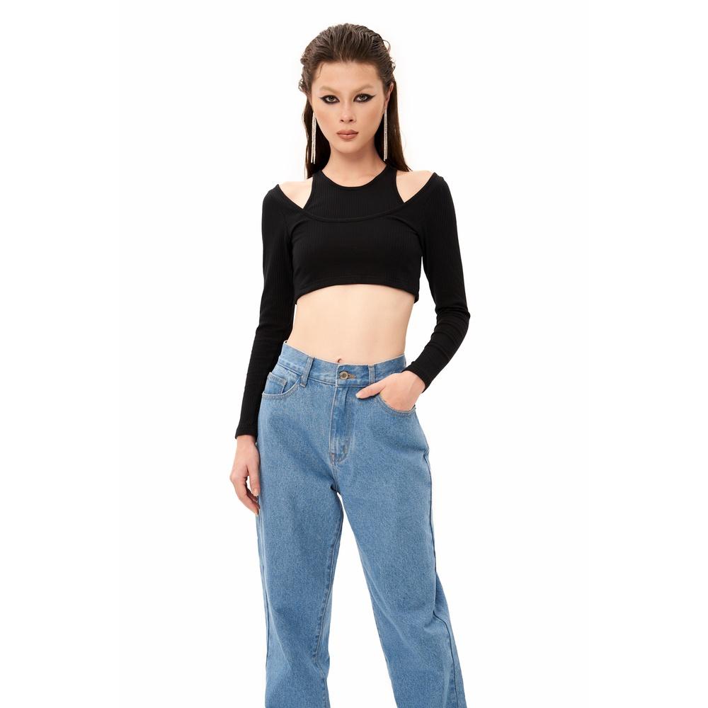 Áo croptop tay dài, màu đen, thiết kế layer 2 lớp, form ôm body, là min - DOUBLE LAYER TOP - BLACK