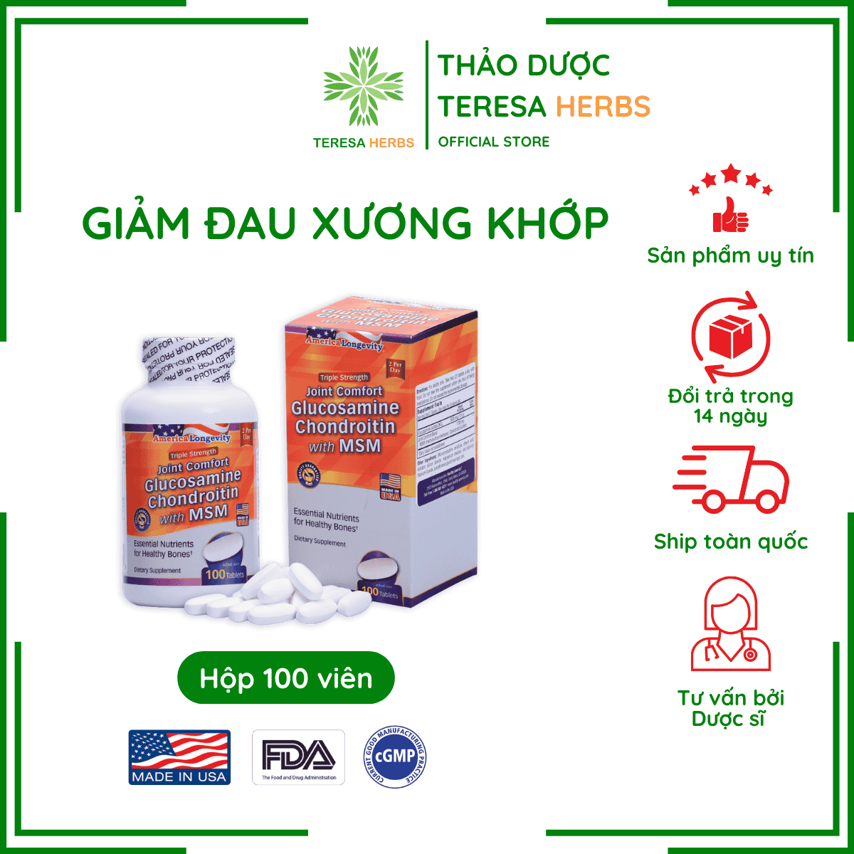 Viên Uống Glucosamine Chondroitin With Msm Giúp Giảm Đau Do Viêm Xương Khớp Hộp 100 Viên