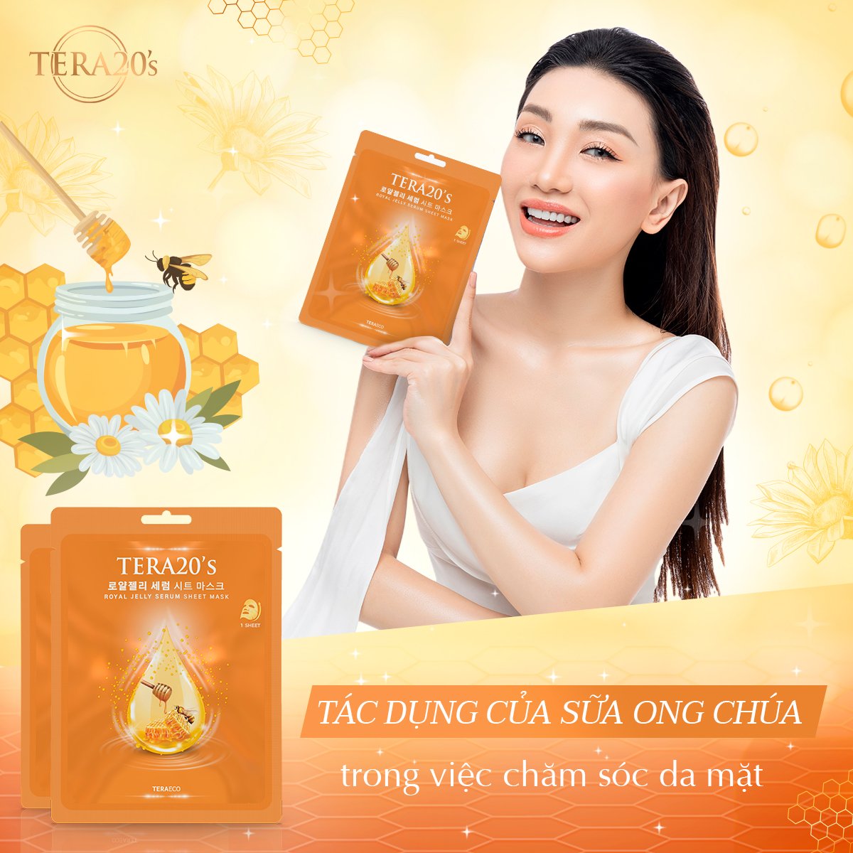 Mặt nạ tinh chất Sữa Ong Chúa TERA20's bổ sung dưỡng chất và độ ẩm cho da, giúp da ẩm mịn, se khít lỗ chân lông và kiểm soát dầu, làm sáng da.