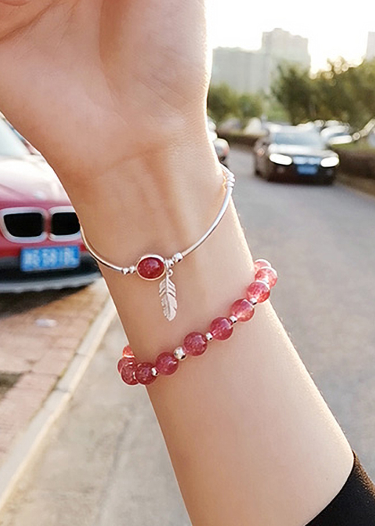 Vòng đôi đá thạch anh dâu phối charm lá bạc mệnh hỏa, thổ - Ngọc Quý Gemstones