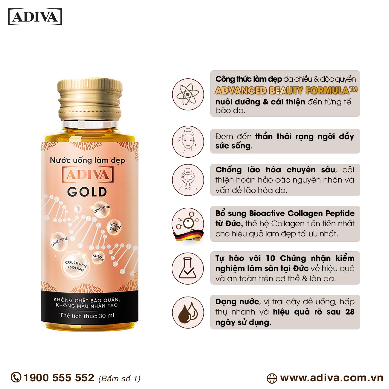 Nước uống làm đẹp Collagen ADIVA Gold (14 lọ x 30ml /hộp)