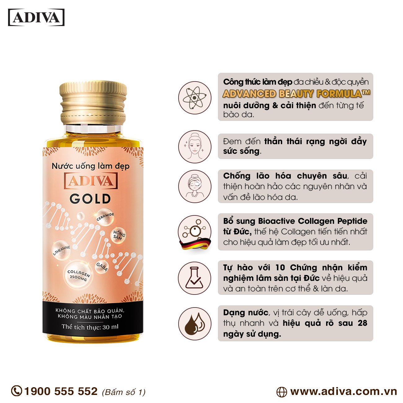 Combo 3 Hộp Gold Adiva Collagen (14 lọ/hộp)- Giúp Làn Da Căng Mịn, Giảm Nếp Nhăn Và Chống Lão Hóa