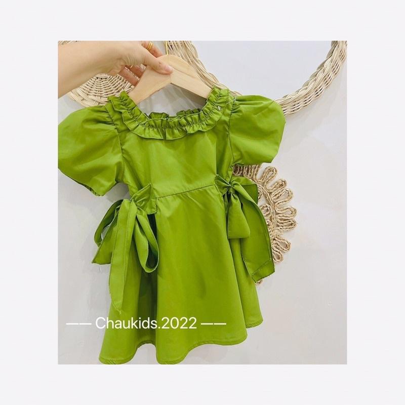Váy xanh lá nơ buộc eo cổ bèo cho bé gái