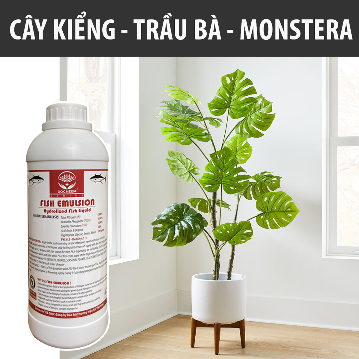 Phân đạm cá Docneem, phân cá Fish Emulsion (1 lít) hữu cơ cho hoa hồng, rau sạch, hoa, cây kiểng trong nhà ngoài trời