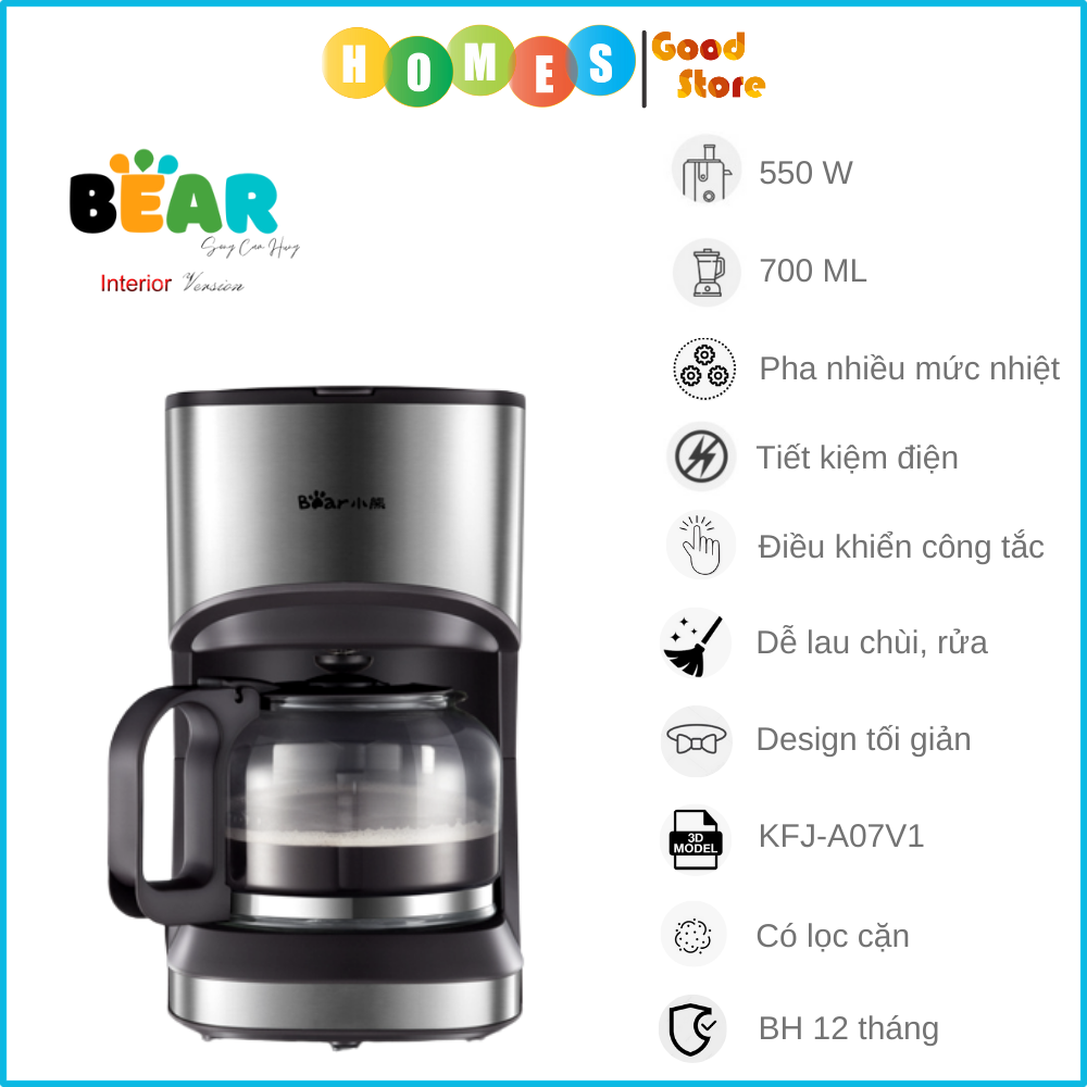 Máy Pha Cà Phê Mini BEAR KFJ-A07V1 Kiêm Pha Trà Thiết Kế Sang Trọng Phù Hợp Mọi Không Gian 0.7 Lít Công Suất 550 W - Hàng Chính Hãng