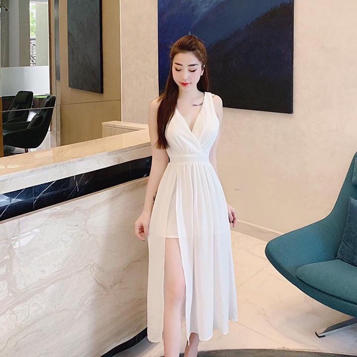 Đầm maxi thiết kế nhún hông xẻ tà thanh lịch dành cho nữ