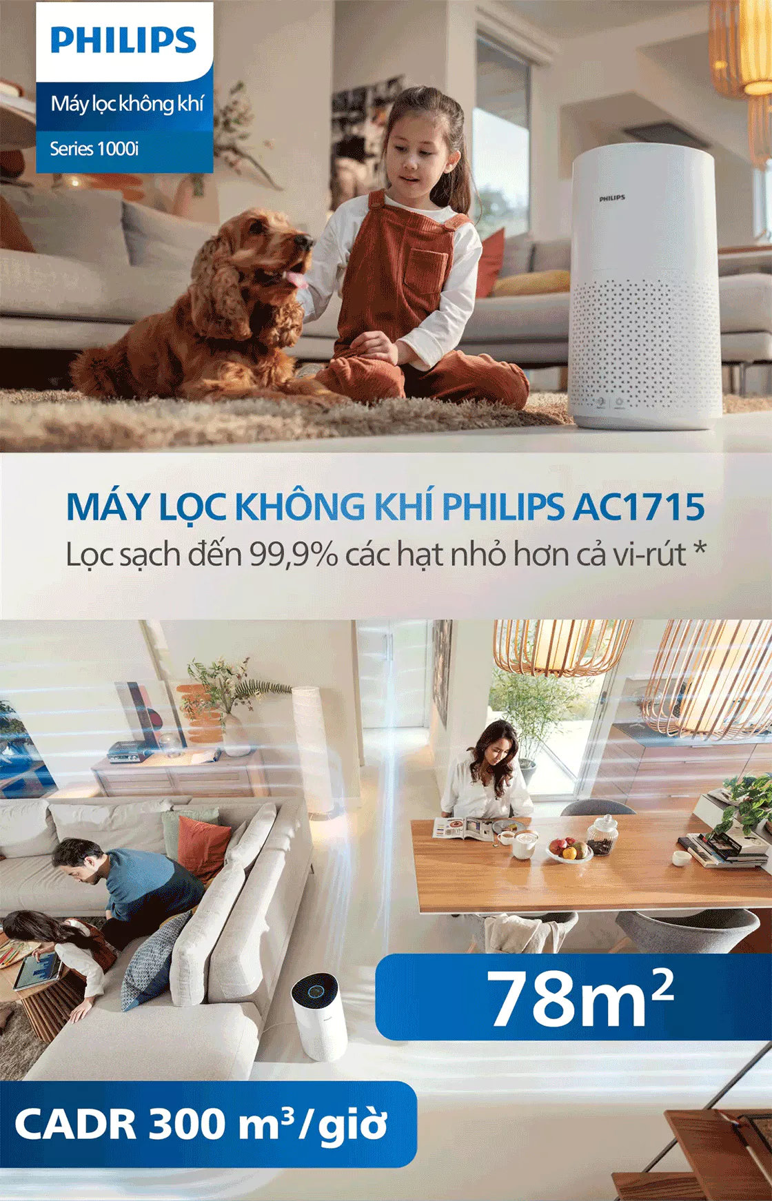Máy lọc không khí Philips AC1715/20 công suất 27W, điểu khiển bằng giọng nói - Hàng chính hãng