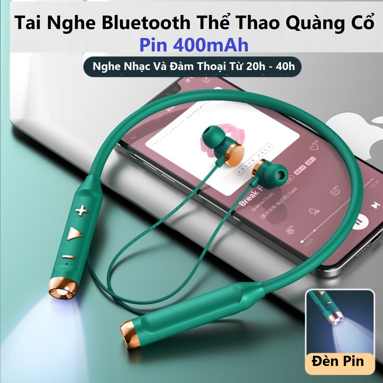 Tai Nghe Bluetooth  5.1  Thể Thao Quàng Cổ Có Đèn Pin , Âm Thanh Hifi Stereo, Pin 400mAh Sử Dụng Liên Tục Từ 20 Đến 40 Giờ Tùy Theo Mức Âm Lượng, Hỗ Trợ Khe Cắm Thẻ NhớTF.