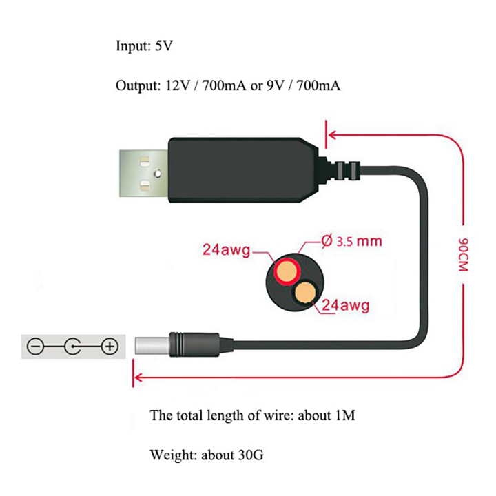 Cáp chuyển đổi điện áp từ cổng USB 5V sang 9V hoặc 12V