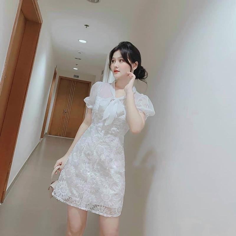 Đầm tay bồng ren phối voan cột nơ cổ đi chơi, đám cưới, du lịch TKN