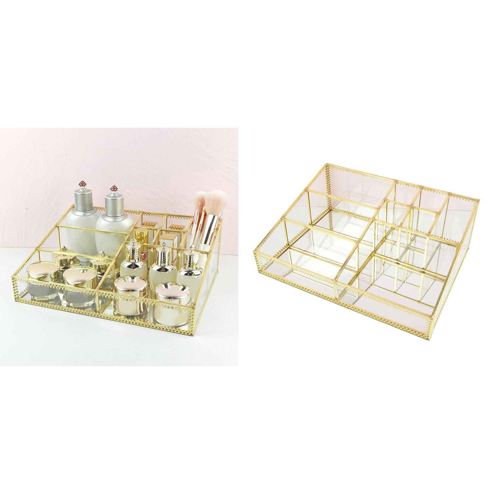 Cosmetic Storage Box Jewelry Display Organizer Decorative Case Metal Glass Tray