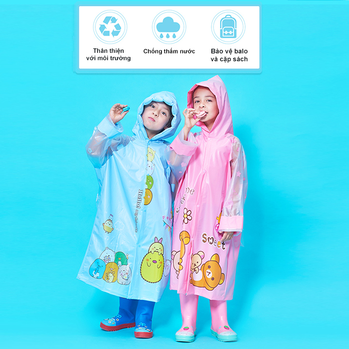 Áo mưa cho bé trai và bé gái 4-10 tuổi có thể làm phồng nón trùm chấp poly cao cấp hình thú đủ màu đáng yêu – AM014