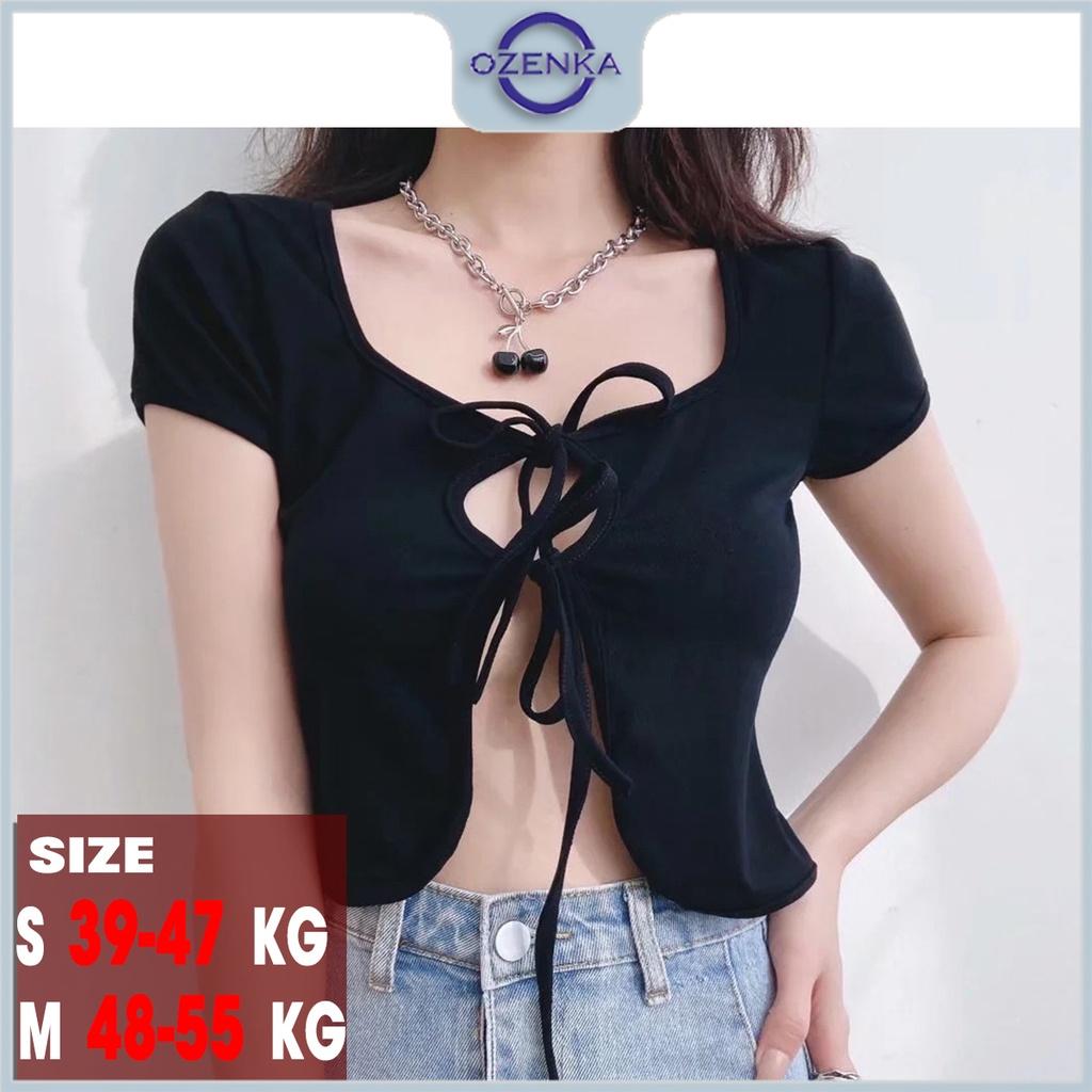 Áo croptop kiểu buộc dây gợi cảm cộc tay nữ OZENKA , áo crt ôm body sexy cotton màu đen trắng dưới 55 cân