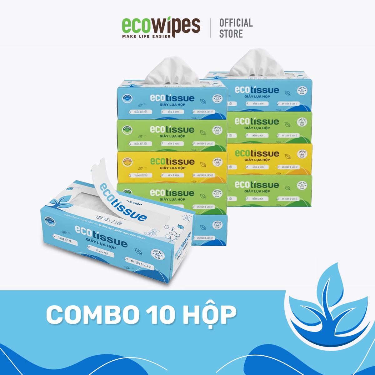 Combo 10 hộp khăn giấy khăn ăn giấy lụa Ecotissue hộp cao cấp 180 tờ siêu mềm mịn thấm hút tốt an toàn khi sử dụng