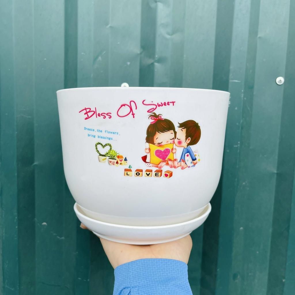 CHẬU NHỰA TRẮNG GIẢ SỨ KÈM ĐĨA - CHẬU CÓ ĐỘ CỨNG CÁP CAO, KHÔNG BỊ DỄ VỠ
