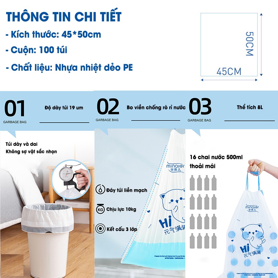 Túi Đựng Rác Dây Rút Tự Phân Huỷ Freeship Túi Đựng Rác Cuộn 100 Túi Siêu Dai Kích Thước 40x50cm - Túi Đựng Rác Sinh Học