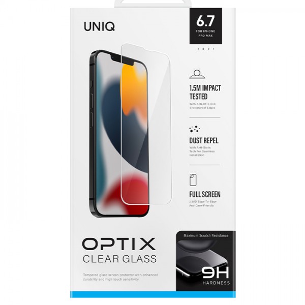 HÀNG CHÍNH HÃNG - Kính Cường Lực UNIQ OPTIX Clear For iPhone 13 Pro Max/ 14 Plus Kính cường lực bảo vệ màn hình khỏi trầy xước và va đập hàng ngày.