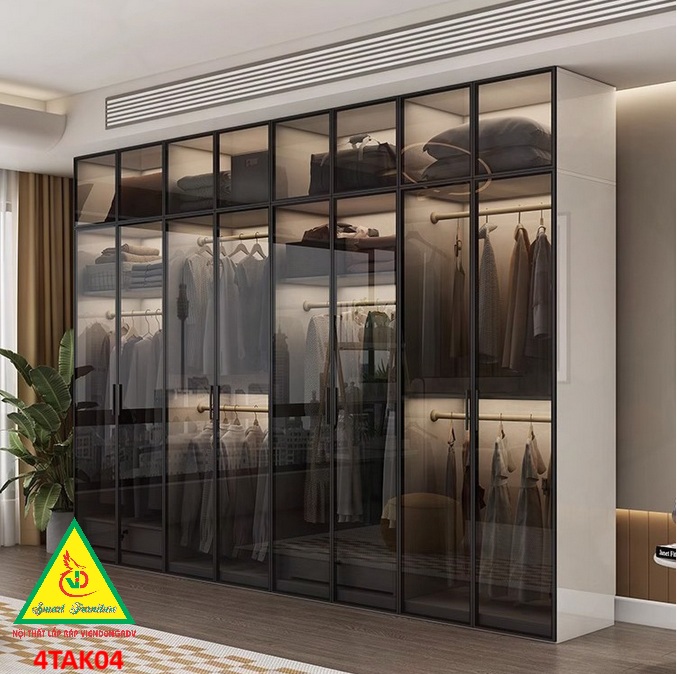 Tủ quần áo gỗ MDF cánh kính cường lực khung nhôm 4TAK04 - Nội thất lắp ráp Viendong Adv