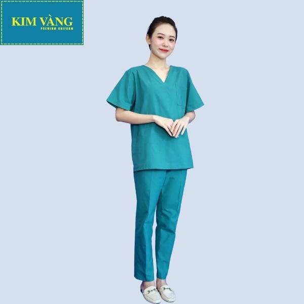 Quần áo bệnh nhân đồng phục bệnh viện tay ngắn chất liệu Kaki thun - Màu xanh lý mẫu 02