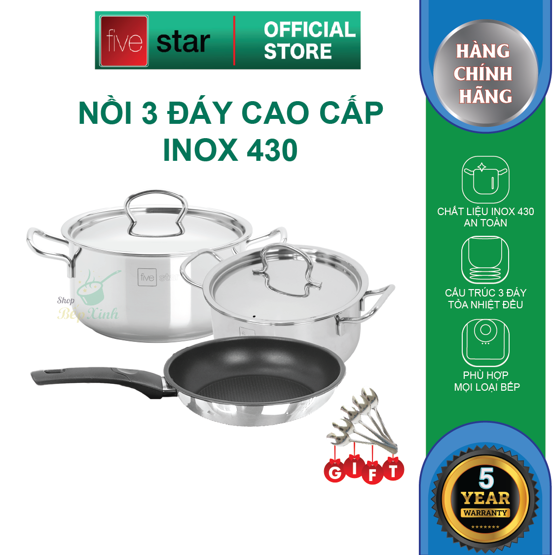 Bộ 2 nồi và 1 chảo chống dính 3 đáy từ inox 430 cao cấp FiveStar Standard nắp inox