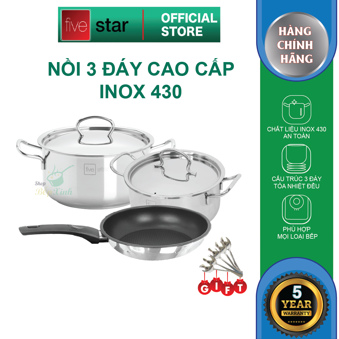 Bộ 2 nồi và 1 chảo chống dính 3 đáy từ inox 430 cao cấp FiveStar Standard nắp inox ( tặng 5 muỗng )