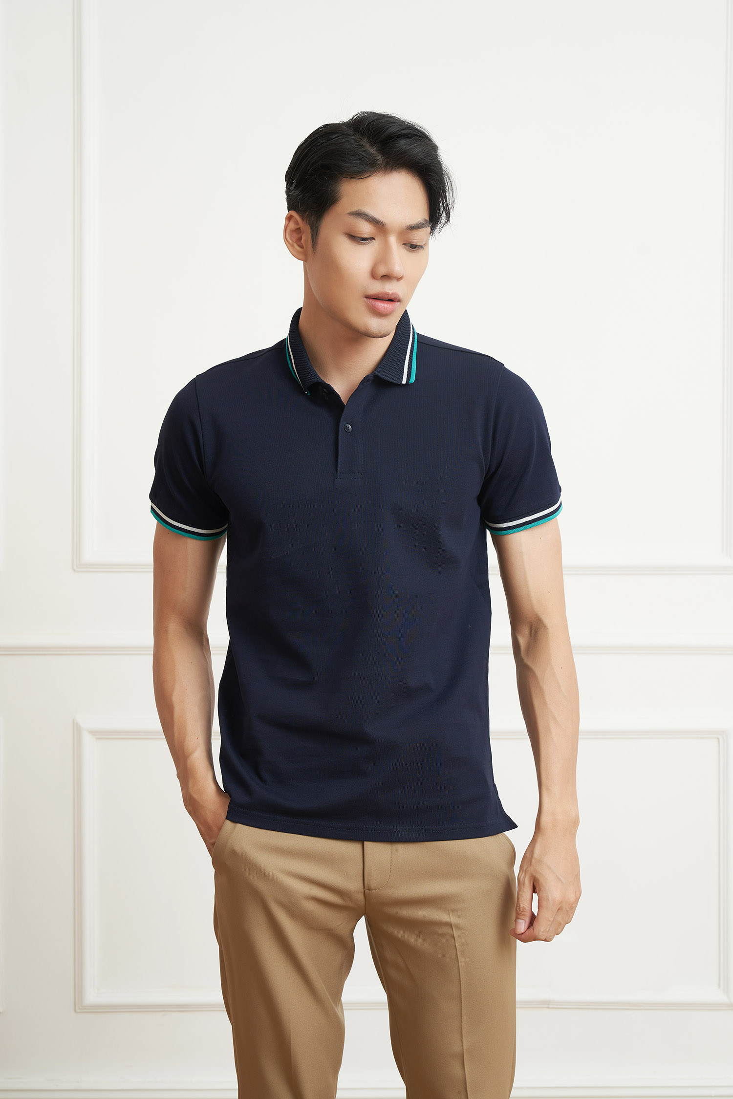 N&amp;MCLUB Áo polo Nam Cotton Mercerize viền cổ kẻ sọc thời trang 2105017