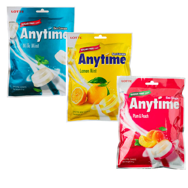 Combo 6 gói Kẹo bạc hà xylitol Lotte Anytime vị Mận &amp; Đào 60gr (Sugar free)