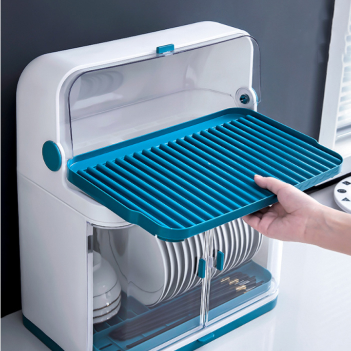 Kệ úp chén bát 2 tầng có nắp đậy, khay hứng khô ráo, sạch sẽ, kích thước 45x38x25cm - Hàng chính hãng