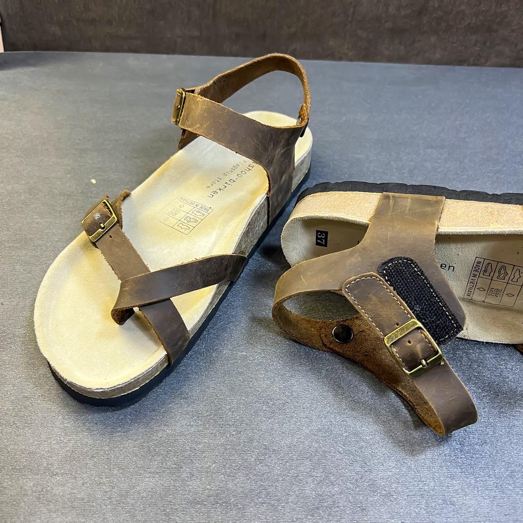 Dép đế trấu birken da bò sáp nam nữ unisex 2 khóa quai sandal xỏ ngón size 35 - 43 chính hãng Hishoo S108