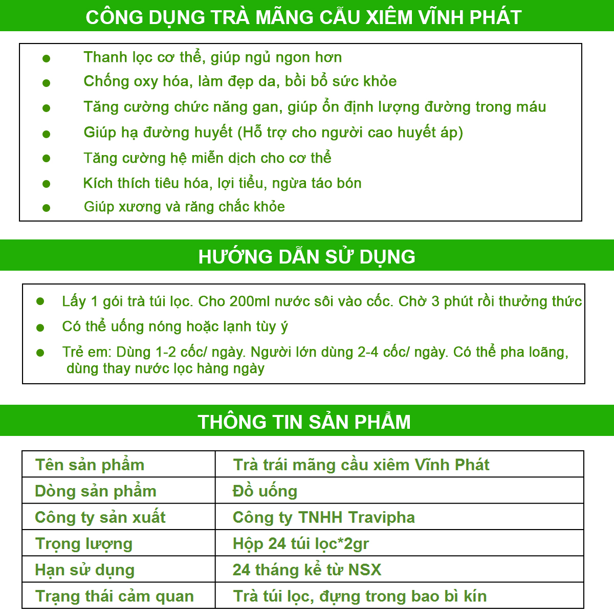 Trà Túi Lọc | Trà Mãng Cầu Xiêm Vĩnh Phát; 100% Thiên Nhiên, 100% Từ Thịt Trái Mãng Cầu Xiêm Được Trồng Hữu Cơ Tốt Cho Sức Khỏe; Có Chứng Nhận ATVSTP, HACCP, FDA... (Hộp 24 Túi Lọc)