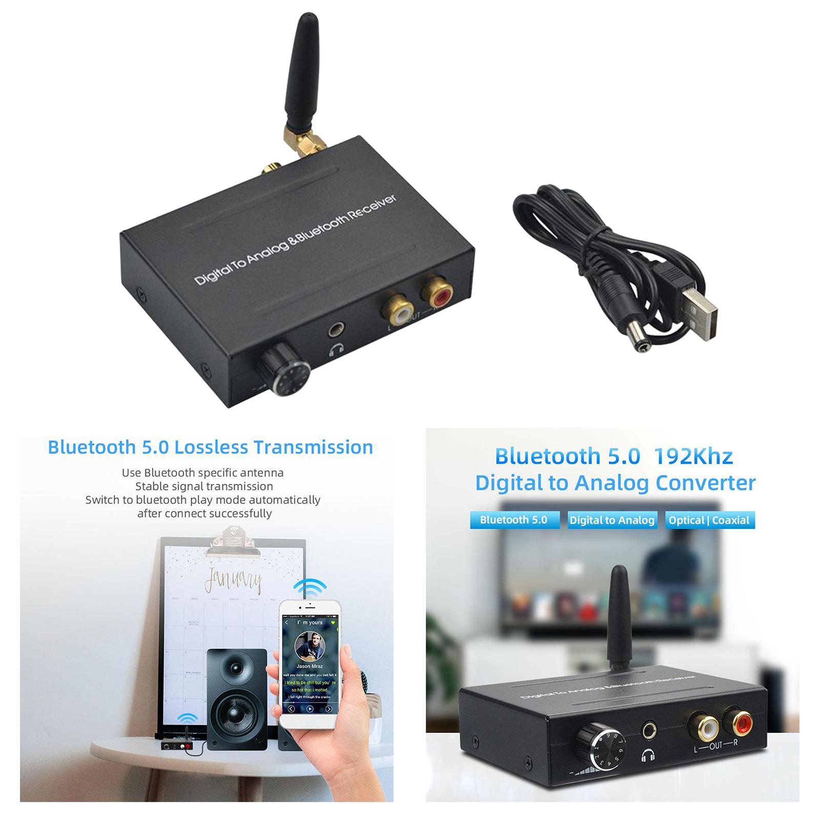 192kHz DAC Converter, Volume Adjustable, Bluetooth 5.0 Receiver, Digital Optical Coaxial to Analog Stereo Audio L/R RCA 3.5mm Jack Audio Adapter