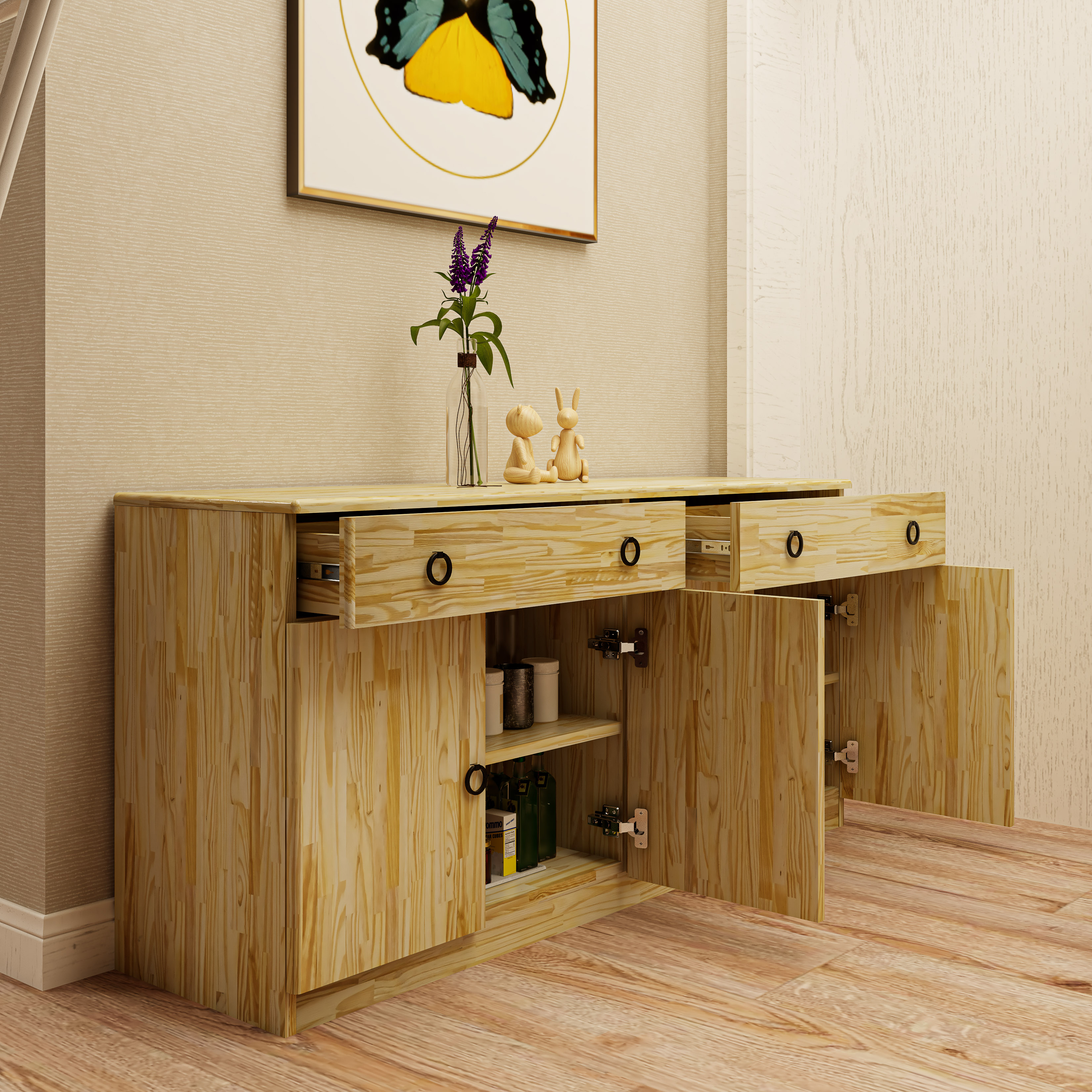 HAPPY FURNITURE , Gỗ tự nhiên , Tủ lưu trữ 4 cửa mở 2 ngăn kéo - YANNA , TLT_016_TRM , 140cm x 40cm x 68cm