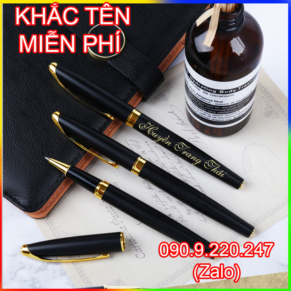 (Gift)Bút ký khắc tên cao cấp 003, đen nhám , dạng xoay mực bi và  rút nắp mực  dạ bi mượt đều ở mọi góc nghiêng